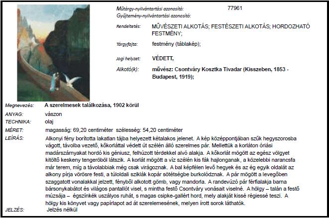 A 2012 márciusában budapesti magántulajdonból ellopott Csontváry Kosztka Tivadar (Kisszeben, 1853 - Budapest, 1919): A szerelmesek találkozása (Ámor, Randevú, 1902 körül) [műtárgy-nyilvántartási