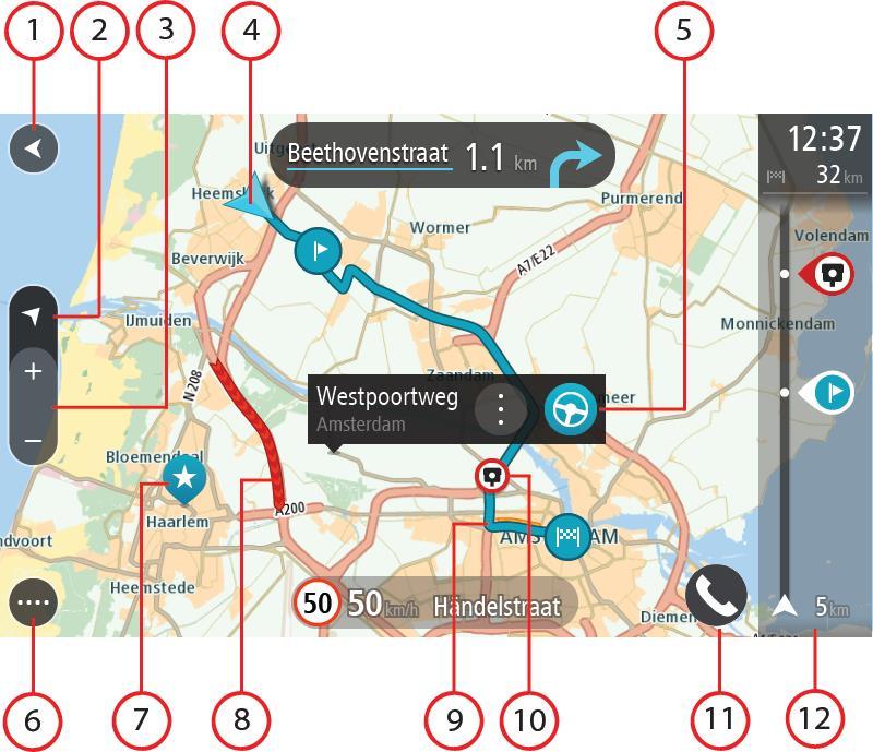 Ha van tervezett útvonala, a teljes útvonal megjelenik a térképen. Az útvonalhoz közvetlenül a térképről is hozzáadhat megállókat. A vezetés megkezdésekor az útmutatás nézet jelenik meg. 1.