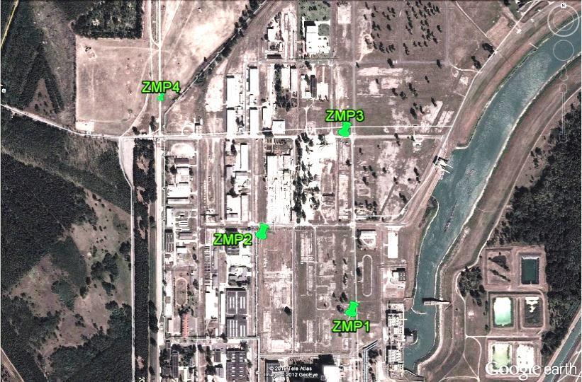 A zajmérési pontokat a tervezett telepítési terület északi, nyugati és délkeleti oldalain jelöltük ki az alábbiak szerint: Mérési pont jele GPS koordináták EOV koordináták ZMP1 46 34.654'É 18 51.