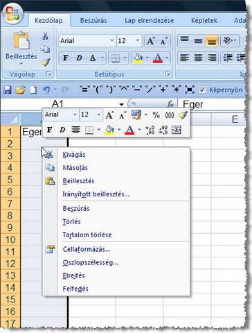 HELYI MENÜ VAGY A MINIPULT HASZNÁLATA 1.Az Excel 2007-ben - a beállítástól függően - a helyi menü mellett, megjeleníthető az ún. Minipult is. ( Ha Az Excel beállításai.
