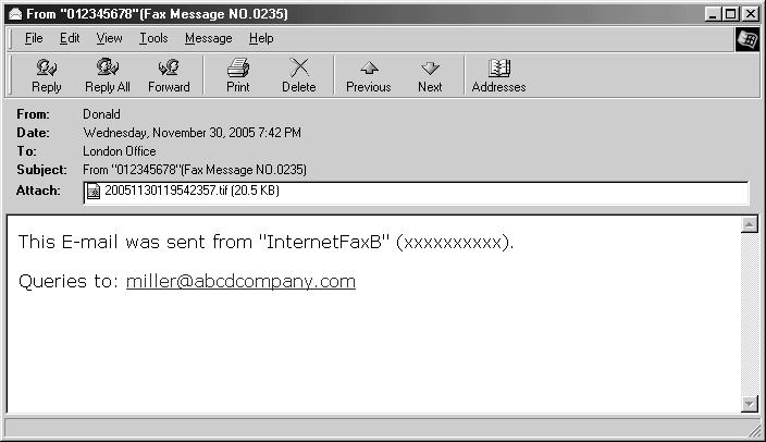 Fontos Amikor internetfax e-maile küld számítógépre, a következõ infromációk bekerülnek az e-mail szövegébe: Az e-mail Állomásnév helyrõl érkezett (terméknév) Lekérdezés: A rendszergazda e-mail címe.