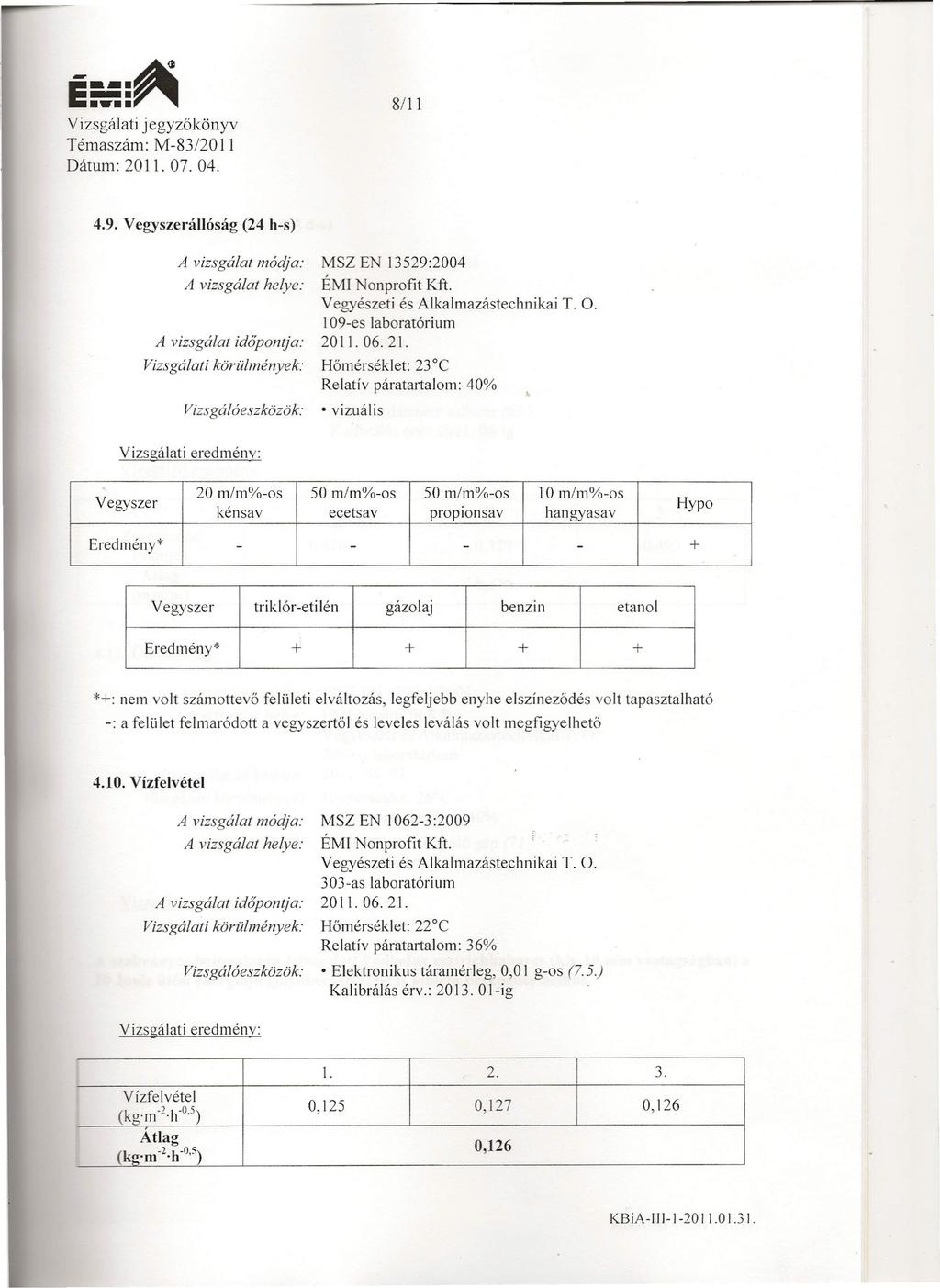 É:-_'::~ jegyzőkönyv 8/11 4.9. Vegyszerállóság (24 b-s) A vizsgálat módja: körülmények: MSZ E 13529:2004 ÉMI onprofit Kft. 109-es laboratórium 2011.06.21.