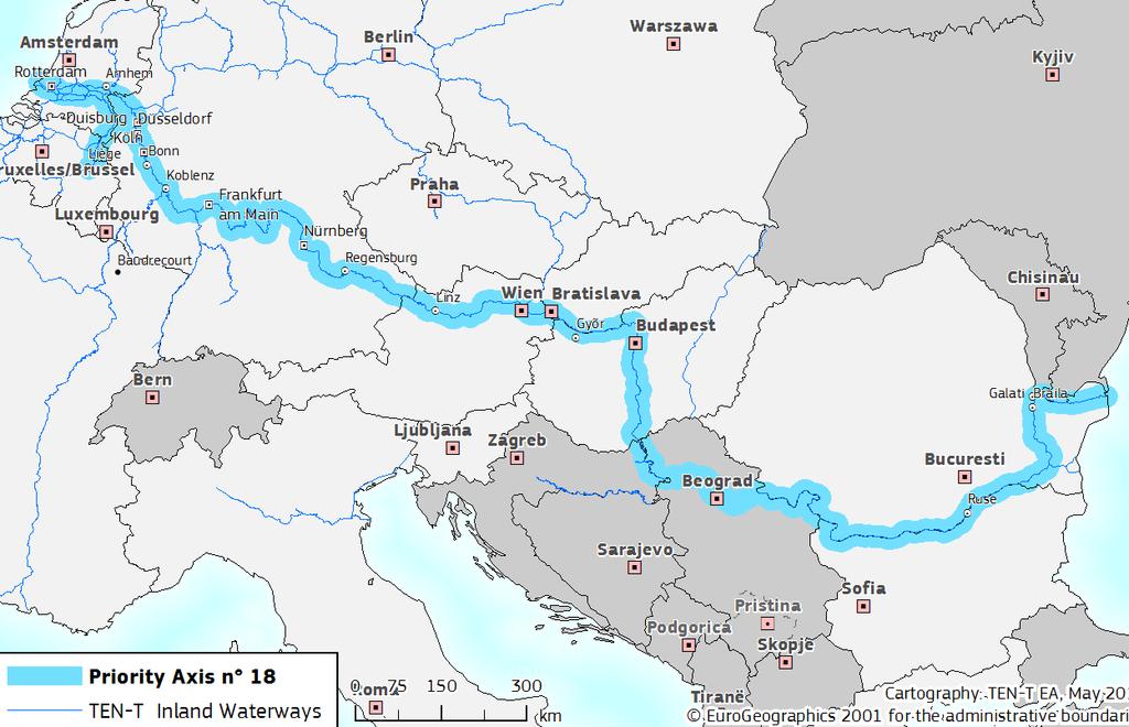 21. ábra: Nemzetközi hajózási útvonal 22. ábra: Nemzetközi hajóút víziúti osztályai Duna Kelheimtől Sulináig (22. ábra) E kategóriájú vízi út, száma E80.