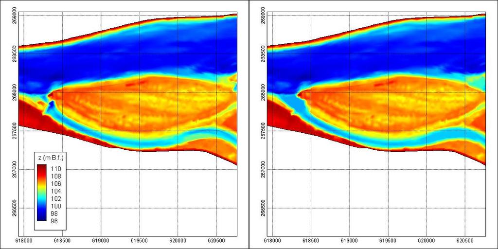 Kotrások 65. ábra:a Táti-mellékág jelenlegi (bal) és kotrás utáni (jobb) állapotának domborzatmodellje a számítási hálón értelmezve.