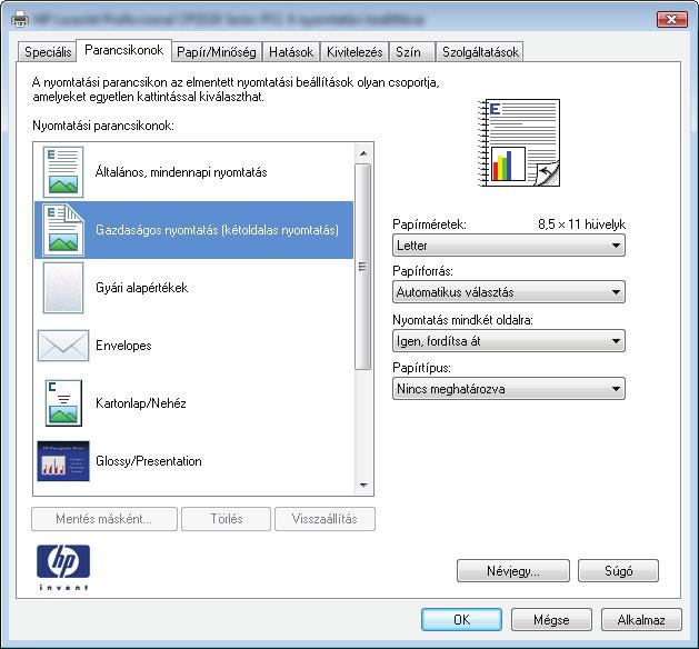 Nyomtatási parancsikon létrehozása (Windows) 1. A szoftveralkalmazásban válassza a Nyomtatás lehetőséget. 2. Jelölje ki a készüléket, majd kattintson a Tulajdonságok vagy a Beállítások lehetőségre. 3.