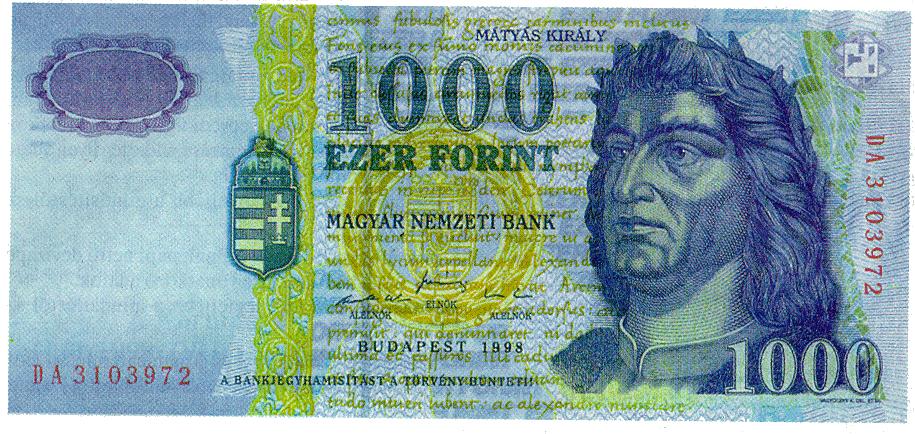 1998/64. szám M A G Y A R K Ö Z L Ö N Y 4913 A bankjegy el óoldalának képe: c) A bankjegy hátoldala többszín ú, széléig kifutó alapnyomattal és kétszín ú képnyomattal készült, melynek összhatása kék.