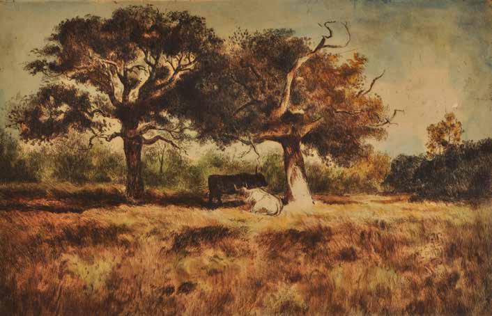 146. tétel CSERGEZÁN PÁL ( 1924-1996 ) Nyár ( tehenek a fák alatt ) 22 x 35 cm