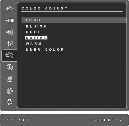 Vezérlés Magyarázat Color Adjust (Színbeállítás) több színbeállítási módot nyújt: el beállított szính mérsékleteket és User Color (Felhasználói színek)-t, melyek lehet vé teszik a piros (R), zöld