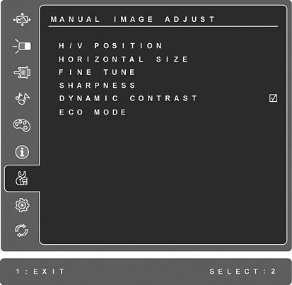 MEGJEGYZÉS: VESA 1280 x 1024 @ 60Hz (ajnlott) azt jelenti, hogy a felbonts 1280 x 1024, s a frisstsi arny 60 Hertz. Manual Image Adjust (Kézi képbeállítás) megjeleníti a Kézi Képbeállítás menüt. H./V.