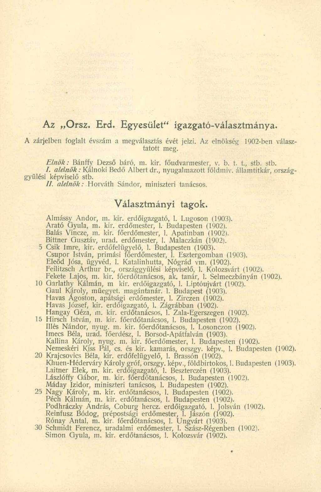Az Orsz. Erd. Egyesület* * igazgató-választmánya. zárjelben foglal t évszá m a megválasztá s évé t jelzi. A z elnöksé g 1902-be n válasz - tatott meg. Elnök: Bánff y Dezs ő báró, m. kir.