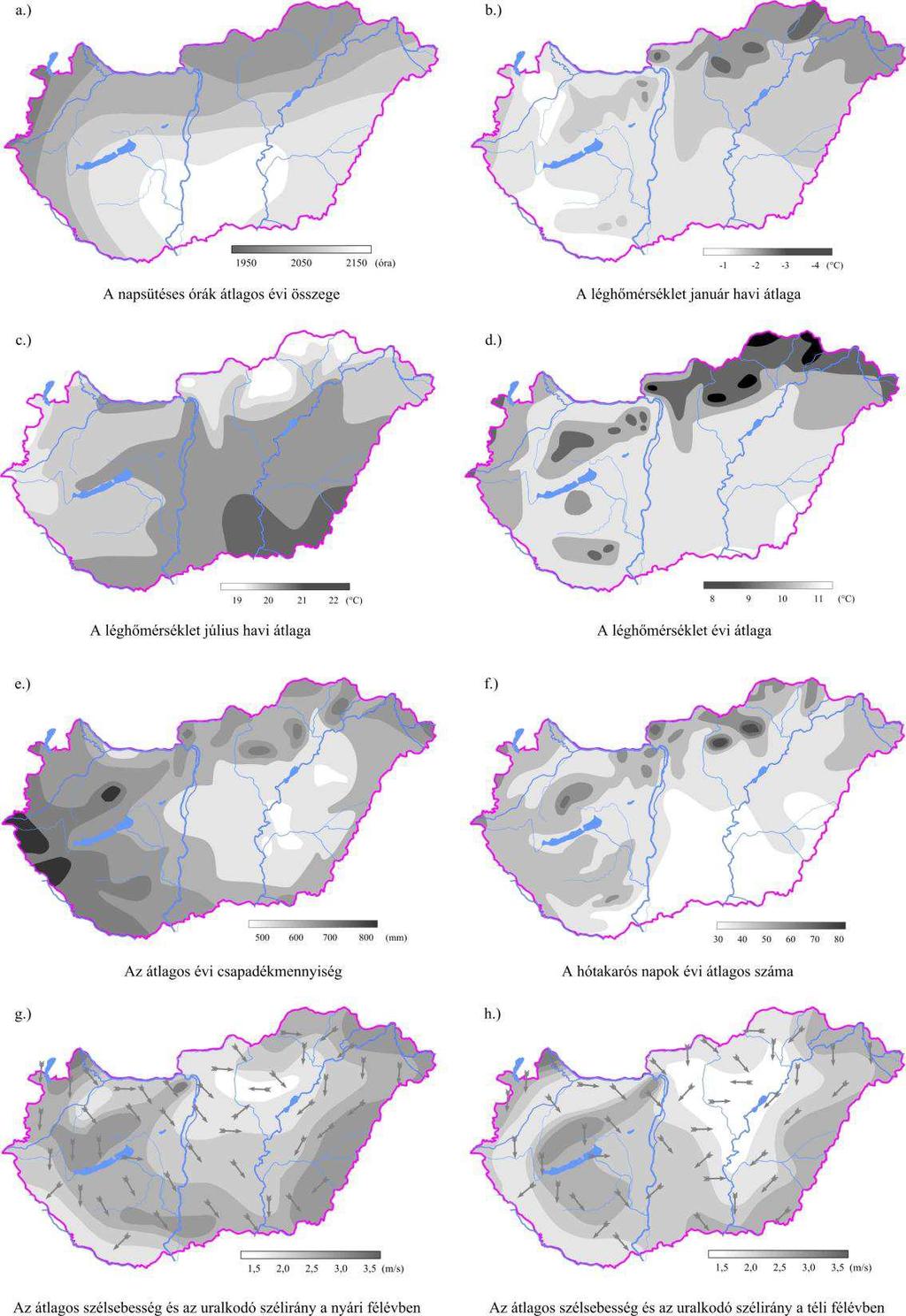 6.4. Gyakorlatok 137 6.4.1. ábra: Magyarország éghajlati térképei: a.) a napsütéses órák évi átlagos összege, b.) a léghőmérséklet januári c.) júliusi és d.) évi átlaga, e.