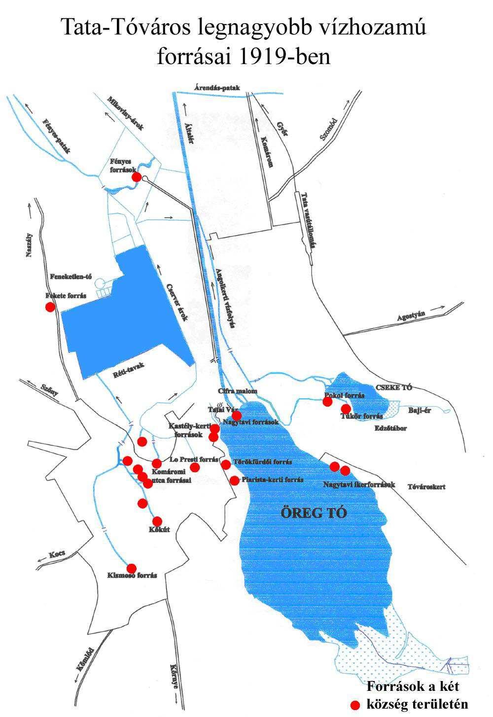 12. Természeti erőforrások hasznosítása 267 12.2.2. ábra: Tata-Tóváros legnagyobb vízhozamú forrásai 1919-ben (Tóth, M. Dorn, F. Fürst, Á. Dr. Lorberer, Á Dr. Sárváry I. [1999.] 7.