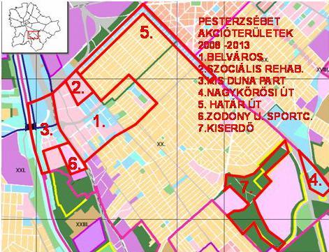 1. Kerületi központ városközpont 2. Lakótelepi szociális városrehabilitáció: Határ út Török Flóris utca János utca Lajtha László utcák által határolt tömb 3. Kisduna-part 4.
