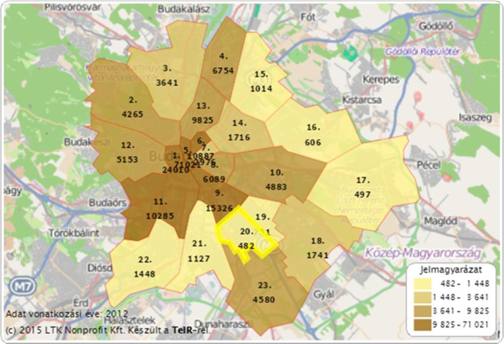 kerület 761,8 8,6 1620-15,4 Budapest 895,4 11,3 3830,1-48,0 Az egy lakosra jutó nettó belföldi jövedelem viszonylag azonos a fővárosi átlagtól elmaradó mértékű a három vizsgált kerületben.