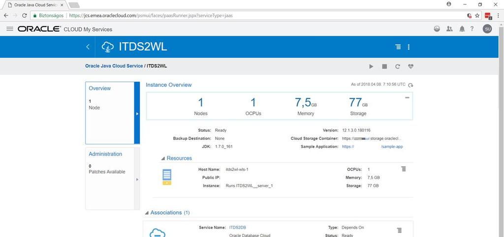 Oracle Java Cloud Service Oracle Java Cloud Service WebUI: Példány vezérlése (Start /