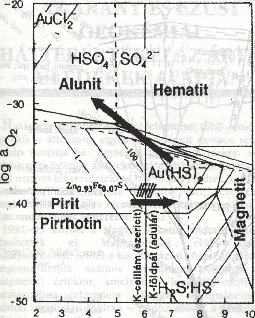 folyamat (Molnár, 1993). Mint már a telkibányai példán utaltunk rá, a felforrás önmagában is okozhatja az arany kicsapódását a tioszulfid komplexet stabilizáló H-S eltávozása révén.