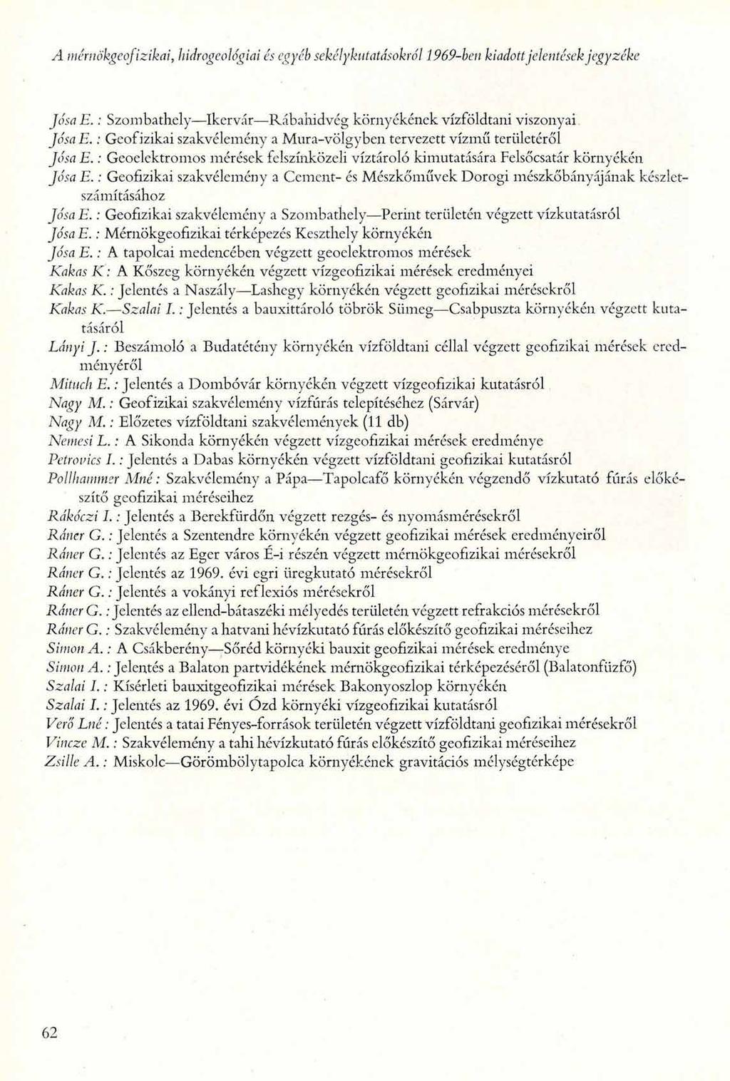 A mérnökgeofizikai, hidrogeológiai és egyéb sekélykutatásokról 1969-ben kiadott jelentések jegyzéke JósaE.: Szombathely Ikervár Rábahidvég környékének vízföldtani viszonyai JósaE.