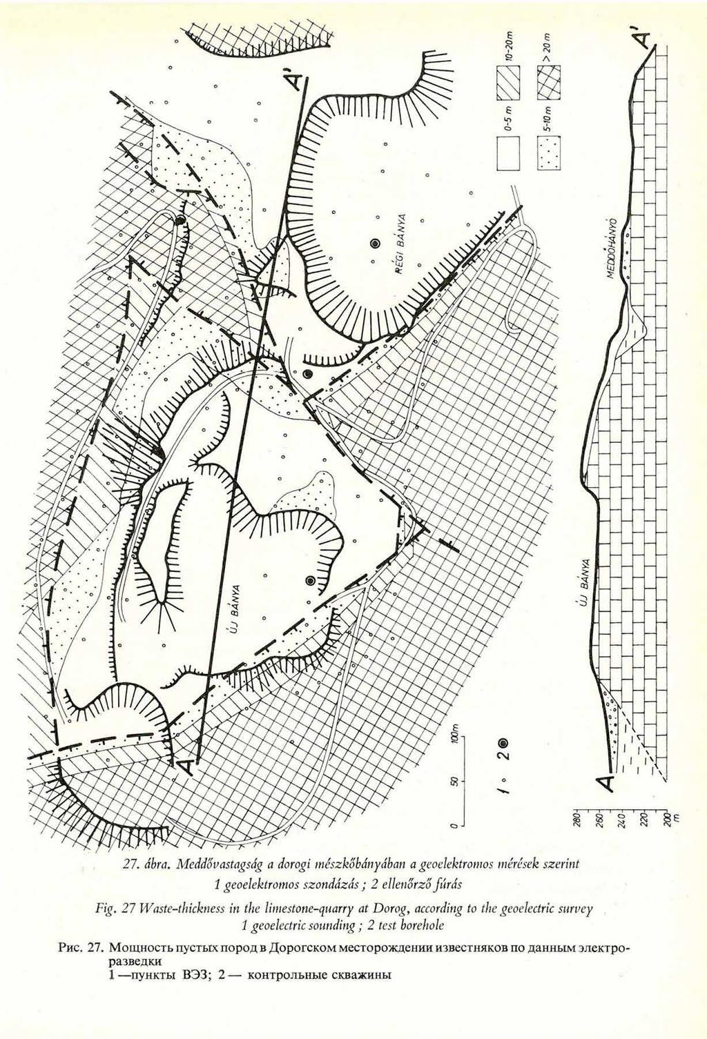 Fig. 21 Waste-thickness in the limestone-quarry at Dorog, according to the geoelectric survey 1 geoelectric sounding; 2 test