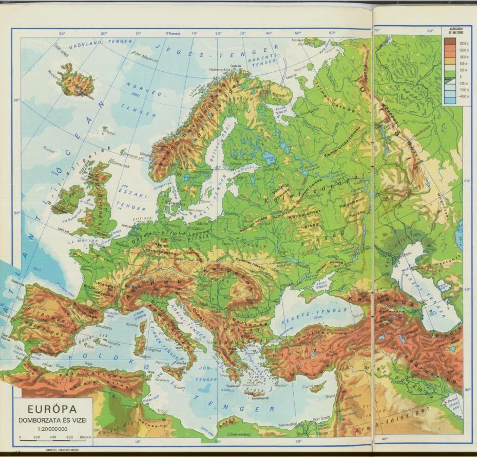 1. térkép Európa domborzati térképe (forrás: Földrajzi atlasz a középiskolák számára. Szerk. Radó S. Budapest 1981.) 1.3.1. Felszín Kelet-Európát földrajzi szempontból egy nagy síkság, amelyet