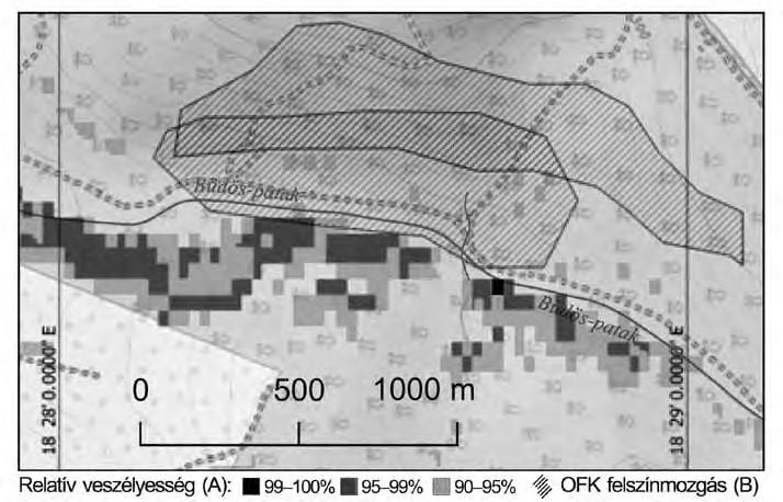 9. ábra Az OFK-ban szereplő felszínmozgások és magas relatív veszélyességű területek a Büdös-patak mentén Figure 9 NLC landslide sites and areas of high landslide hazard level along the Büdös Creek.