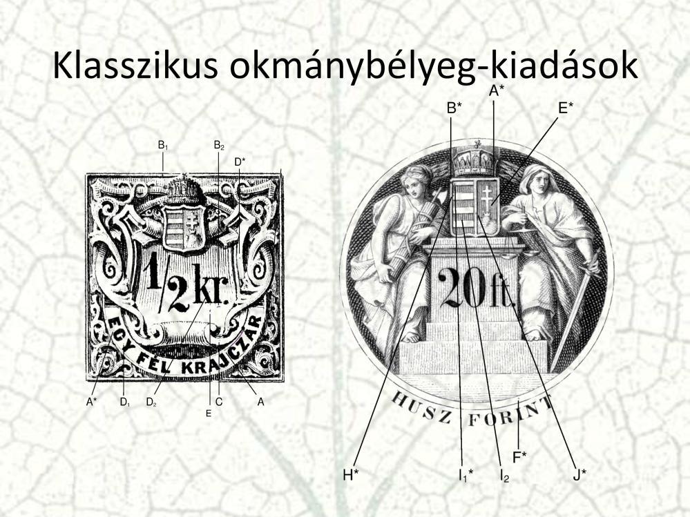 Az 1868-98 közti krajcáros időszak klasszikus magyar okmánybélyeg-kiadásait a könyv a korábbi katalógusokkal szemben a színük szerint három kiadási csoportban tárgyalja.