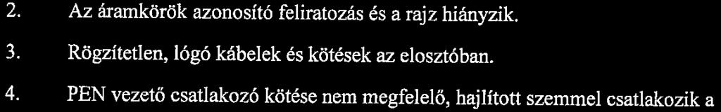 A helyiségben tapasztalt hiányosságok: 1. Kötésdobozok fedelei hiányoznak. 2. Égett, elöregedett sodrott és sorkapcsos vezetékkötések. 3. Fénycső armatúra burája hiányzik. 4.