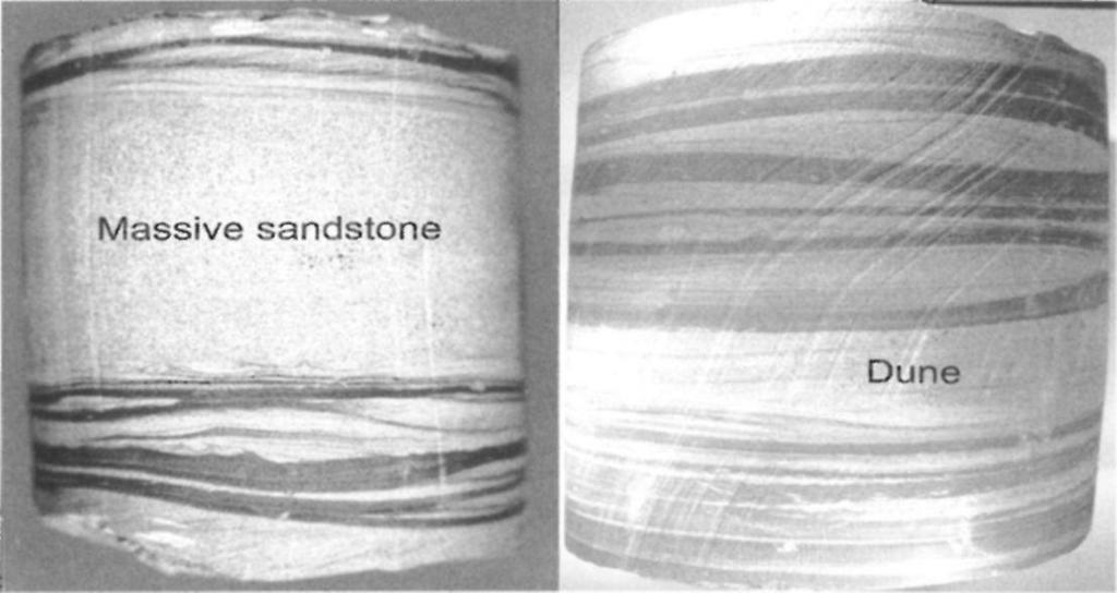 Two core samples from the same borehole with a few of tens of centimetres vertical separation from each other. There is massive sandstone in the middle of core sample on the left (A-248/1).