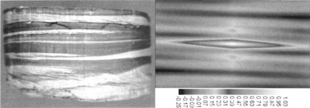 Ugyanazon fúrásból származó magminták, néhány tíz centiméter függőleges távolságban egymástól. A bal oldali ábrán látható minta (A-248/1) középső részén szerkezet nélküli homokkő látható.