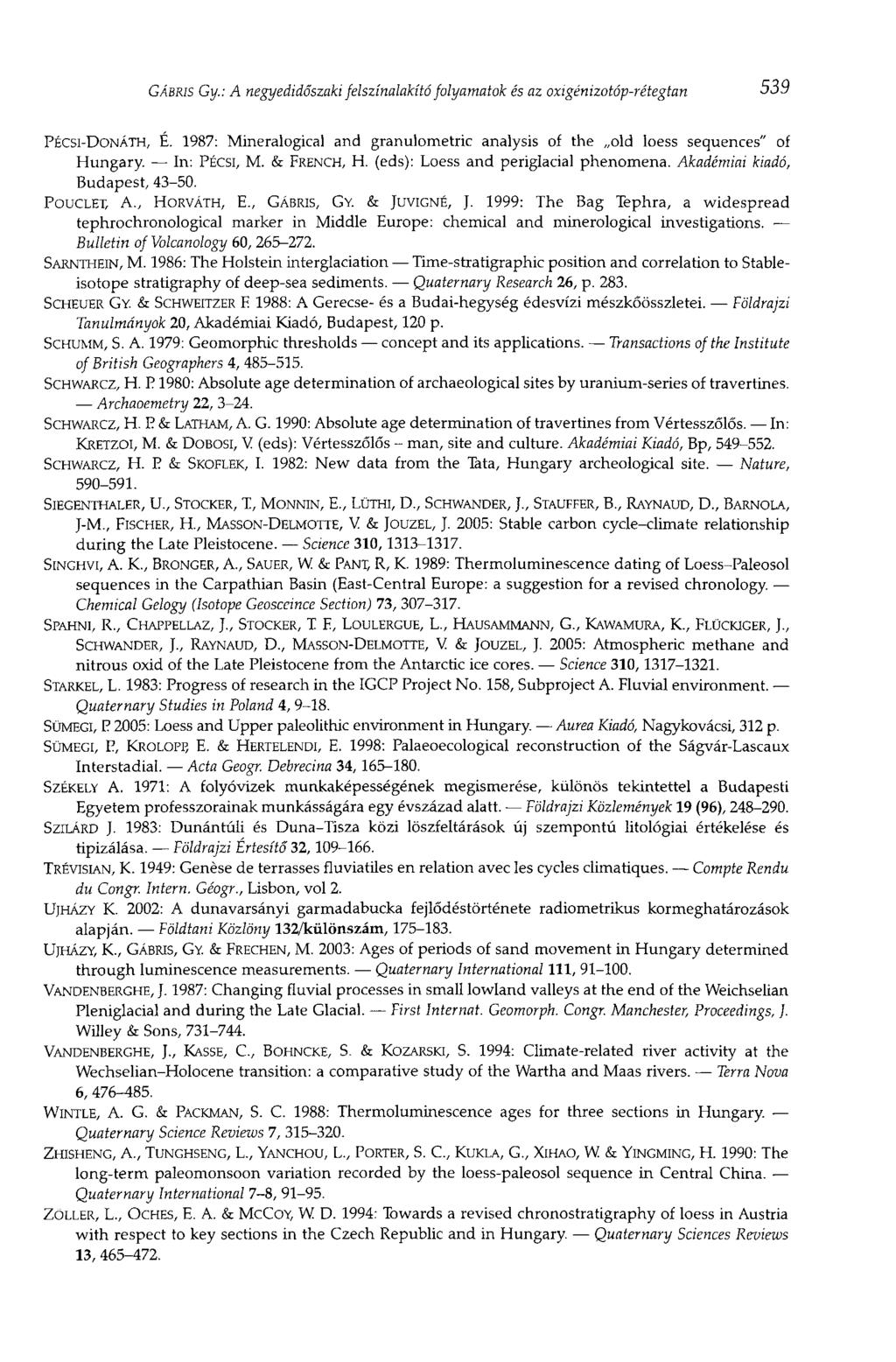 GÁBRIS Gy.: A negyedidőszaki felszínalakító folyamatok és az oxigénizotóp-rétegtan 539 PÉCSI-DONÁTH, É. 1987: Mineralogical and granulometric analysis of the old loess sequences" of Hungary.