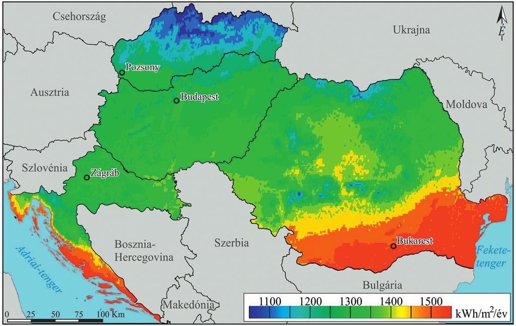 1. ábra Éves átlagos globális besugárzás vízszintes felületen a vizsgált Kárpát-medencei országokban (kwh/m 2 ) (2007-2016 átlaga). PV GIS adatok alapján szerk. Varjú V., rajzolta Szabó T.