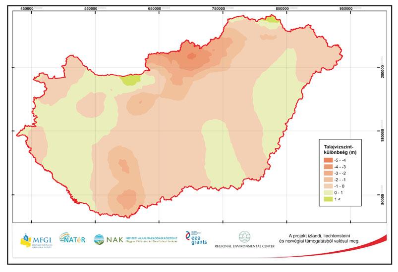 A klímaváltozás hatása a sekély felszín alatti vizekre Magyarországon 5. ábra. Az 2005 2009 és 1961 1965 időszakok CarpatClim-Hu adatok alapján számított talajvíz szintjeinek különbség térképe.
