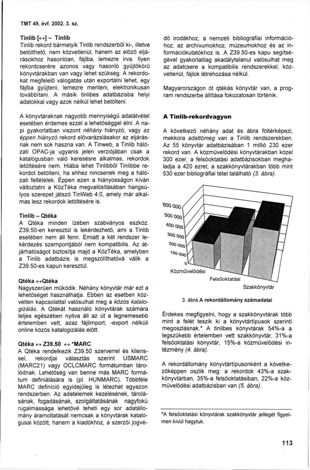 TMT 49. évf. 2002.3. sz. Tinlib [<->] - Tinlib Tinlib rekord bármelyik Tinlib rendszerből ki-, illetve betölthető, nem közvetlenül, hanem az előző eljárásokhoz hasonlóan, fájlba, lemezre írva.