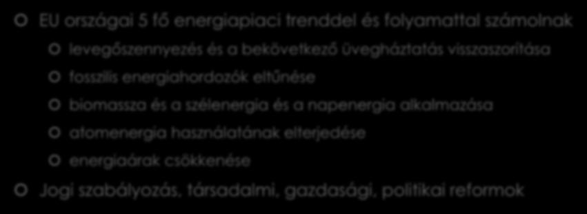 Ágazat nemzetközi megatrendjei EU országai 5 fő energiapiaci trenddel és folyamattal számolnak levegőszennyezés és a bekövetkező üvegháztatás visszaszorítása fosszilis energiahordozók