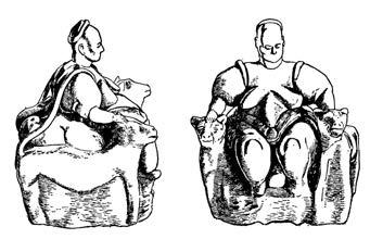 Tanulmányok 4. kép. Leopárdtrónon ülő női alak Çatalhöyükből (Törökország, Kr. e. 7.