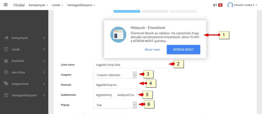 GYAKORLATI MEGVALÓSÍTÁS Lépj be a WebPush.hu fiókodba. Ha még nincs listád, akkor a lista készítés/popup design képernyő fogad. 1.