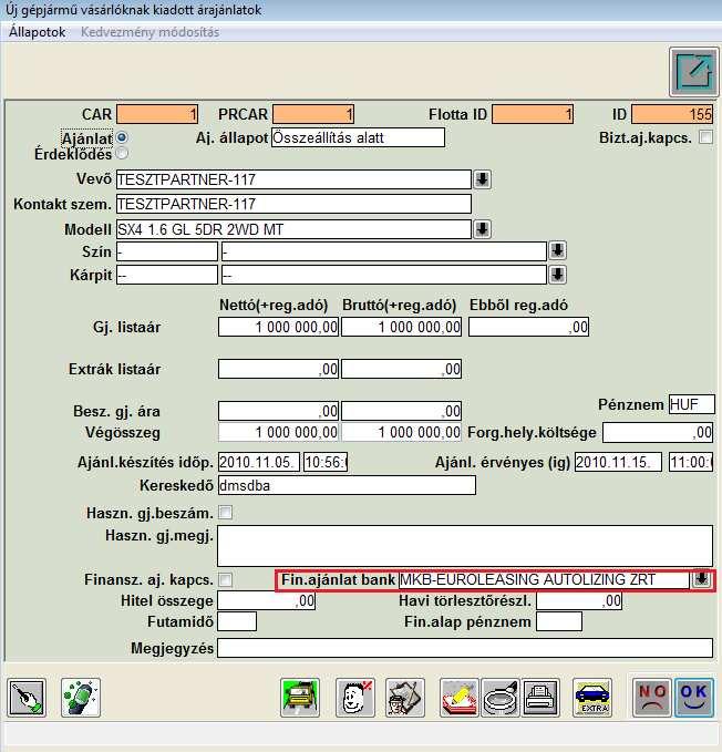 Ajánlat készítésekor bank választási lehetőség Új gépjármű értékesítés modulból készített árajánlat esetében az Új gépjármű vásárlóknak kiadott ajánlatok ablakon a bankot ( Fin.