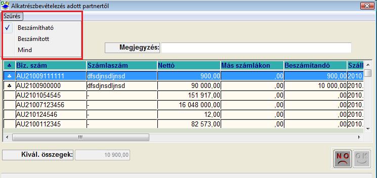 A Szűrés menüpont tartalmazza: Beszámítható: szűrés a még beszámítható szállítólevelekre