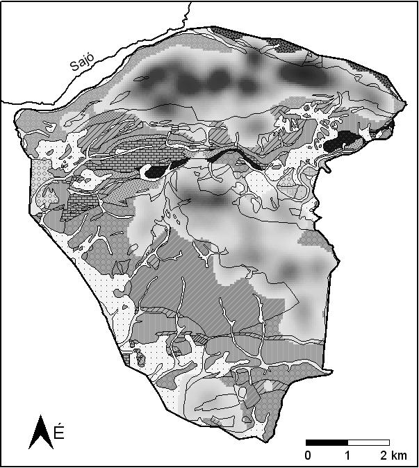 8. ábra: Töbör-sűrűség (ArcView Calculate Density, Kernel algoritmus, keresési sugár:500m) és kőzettípusok.