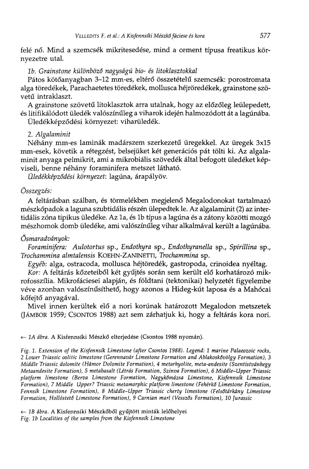 VELLEDITS F. et al: A Kisfennsíki Mészkő fáciese és kora 577 felé nő. Mind a szemcsék mikritesedése, mind a cement típusa freatikus környezetre utal. lb.