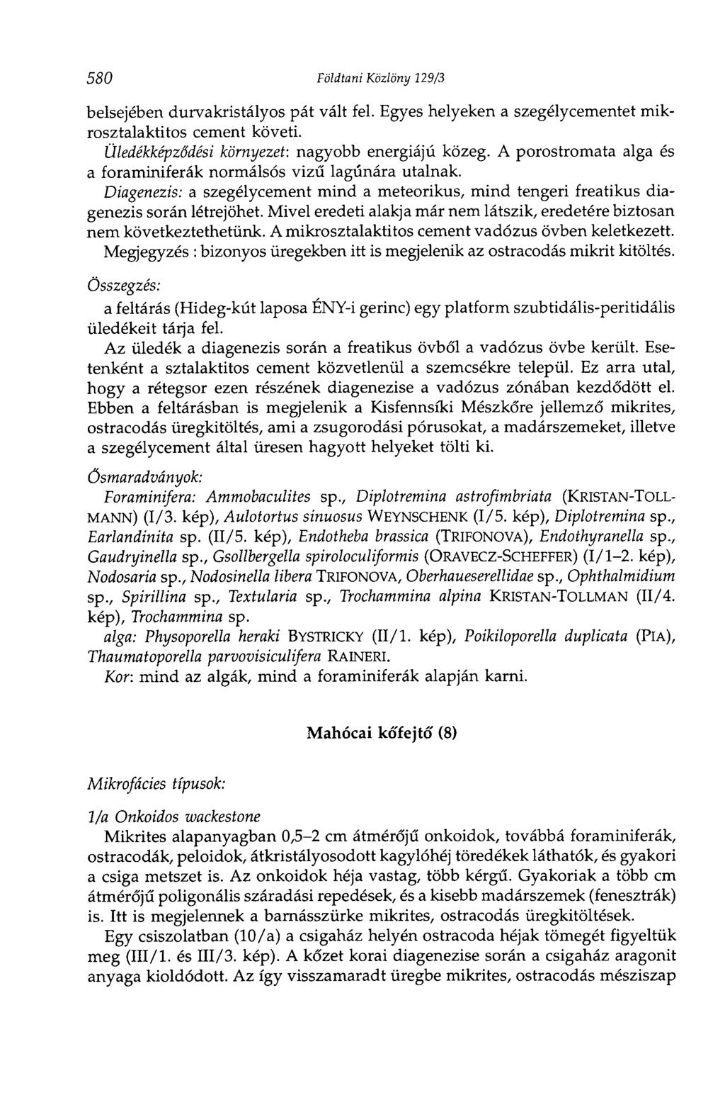 580 Földtani Közlöny 129/3 belsejében durvakristályos pát vált fel. Egyes helyeken a szegélycementet mikrosztalaktitos cement követi. Üledékképződési környezet: nagyobb energiájú közeg.