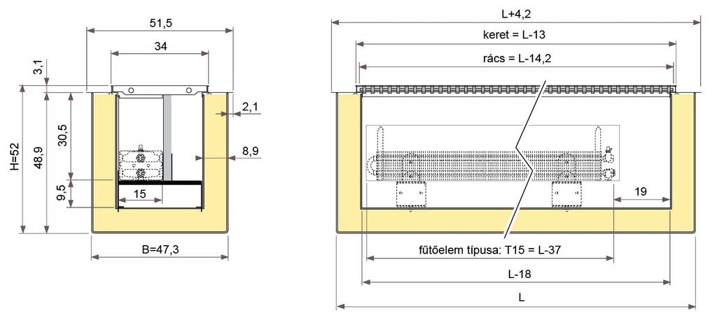 JAGA CANAL COMPACT R 1,5 poliészter dobozos padlókonvektor méretek R-érték = 1,5 m 2 K/W K-érték = 0,67 W/m 2 K 4 mm vastag poliészter 25 mm poliuretán hab 5 mm polietilén hab