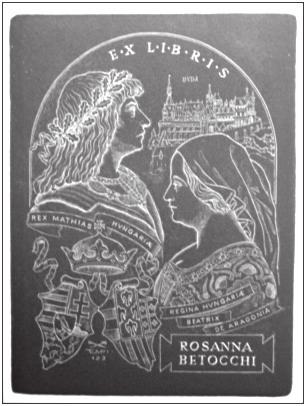 110 V. Tóth Kornélia 13. ábra. (Graf. Fery Antal) 14. ábra. (Graf. Tempinszky István) réját ábrázoló) super ex libriseken, melyeket kívülről sajtoltak a könyv bőrtáblájába.