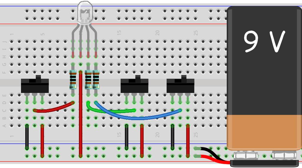 Az RGB LED kipróbálása Három kapcsolt segítségével kiprtbálhatjuk a három alapszín egyszerű kombinácitit Közös anódú LED esetén