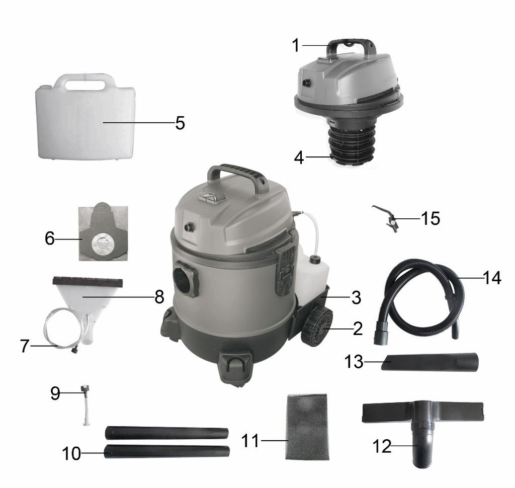 Termékleírás 1. Fogantyú 2. Kerekek 3. Hátsó tartály 4. Záró ventil 5. Tartály a tisztítószernek 6. Papírzsák a porra 7. Nagy mosókefe csöve 8.