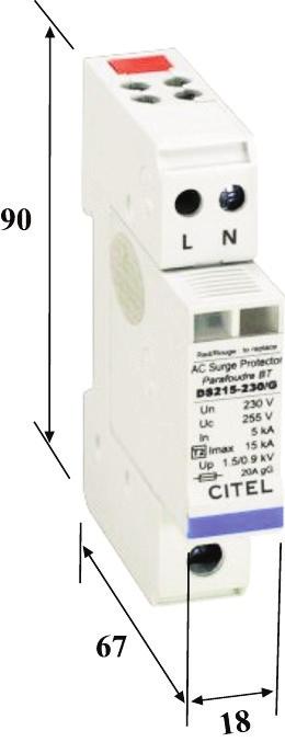 T Ú L F E S Z Ü L T S É G L E V E Z E T Õ DS 215-230 Készülékek és berendezések védelme D osztályú levezetõ ( 3 típus ) A kétpólusú DS 215-230/G túlfeszültséglevezetõ a kapcsoló-, elosztó- és