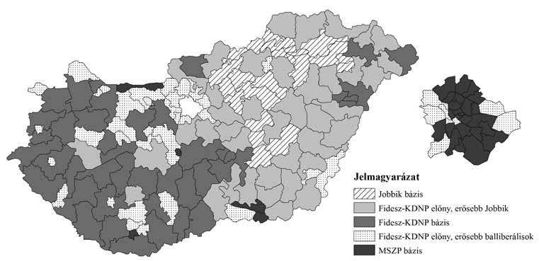 1. ábra A 176 választókerület politikai klaszterei és klaszterközéppontjai 2010-ben Forrás: Nemzeti Választási Iroda Figure 1 The 176 constituencies based on political attitudes and cluster centers