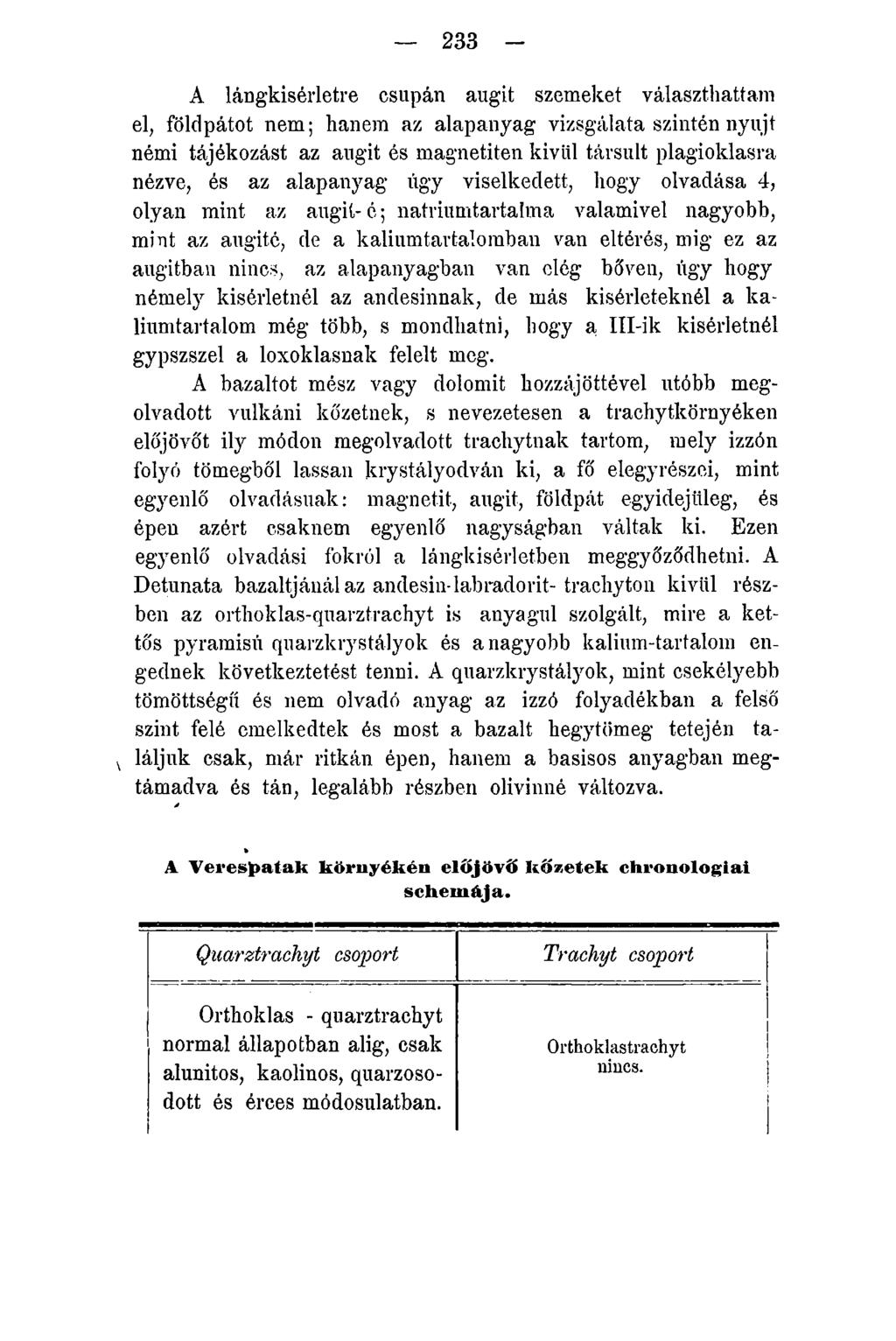 233 - A lángkisérletre csupán augit szemeket választhattam el, földpátot nem; hanem az alapanyag vizsgálata szintén nyújt némi tájékozást az augit és magnetiten kivitl társult plagioklasra nézve, és