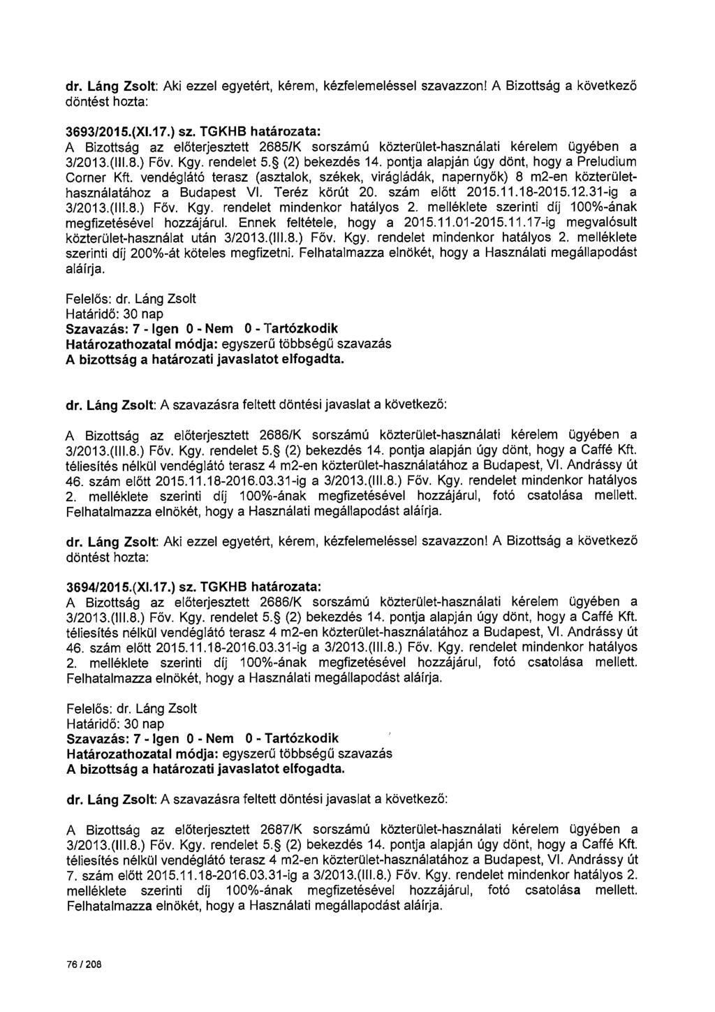 dr. Láng Zsolt: Aki ezzel egyetért, kérem, kézfelemeléssel szavazzon! A Bizottság a következö 3693/2015.(Xl.17.) sz.