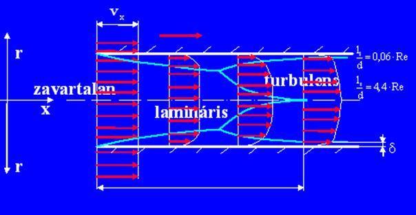 a lamináris határréteg rohamosan csökken, és a turbulens határréteg záródik a cső tengelyében.