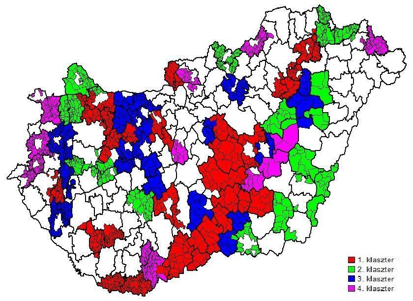 4. ábra: A kiválasztott HACS-ok klaszterbe sorolása Forrás: saját számítás és szerkesztés, 2011 Az első klaszterbe tartozó akciócsoportok mind az öt partnerségi dimenzió esetében negatív értékek